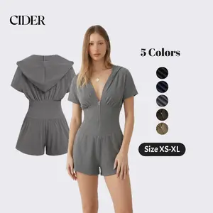 Cider Textured V-neck Ruched Front Romper with Zipper and Hood - Casual Sporty style Jumpsuit Womenswear SummerWins Dealsforyou