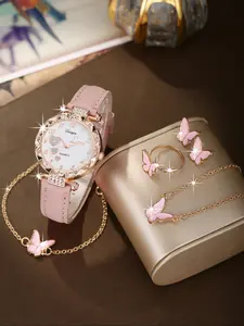 Cute Heart Exquisite Trendy Watch Set for Girls, Pearl Butterfly Romantic Fashion Accessories, 6-Piece Jewelry Gift Box Included