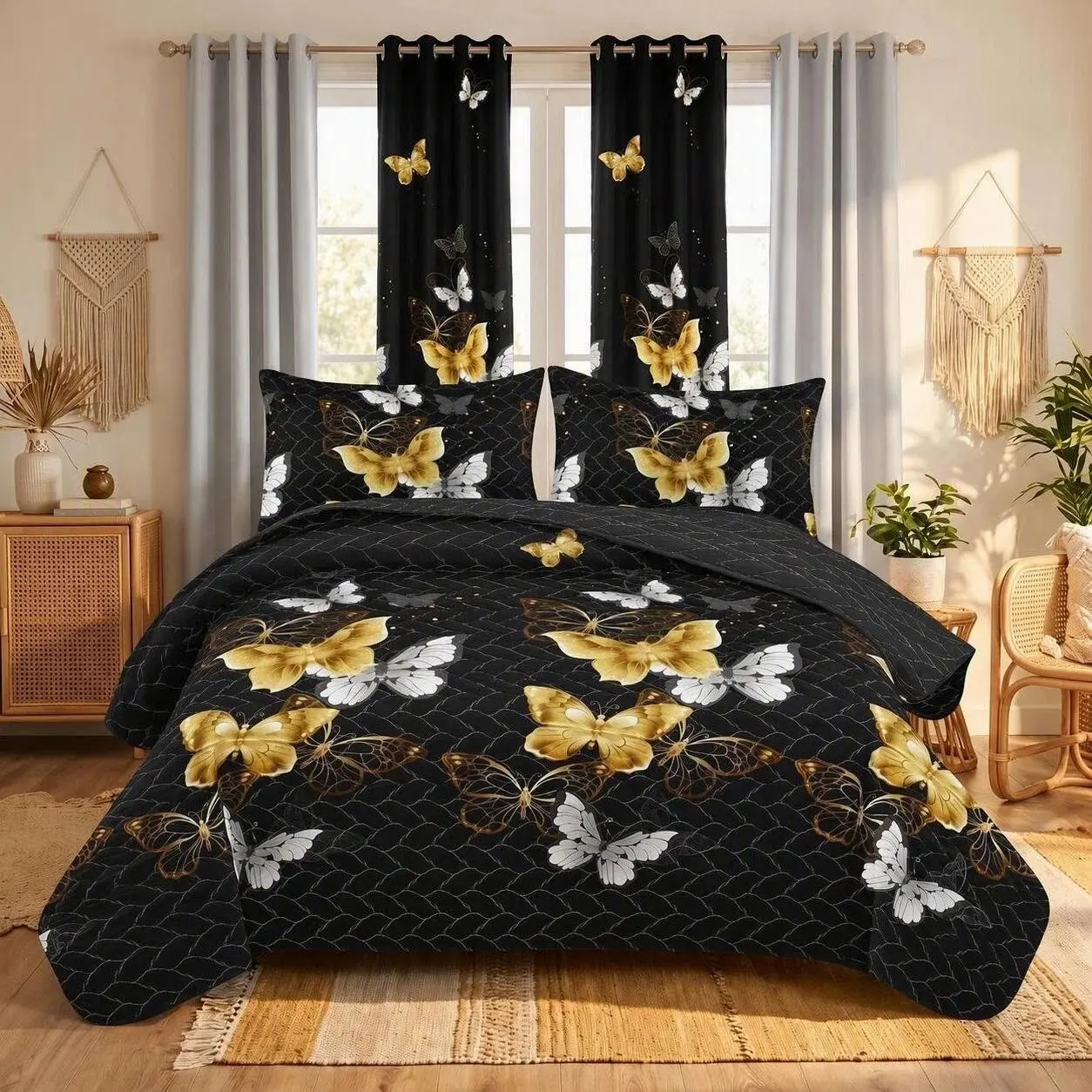 Black Golden Butterfly 9-Piece Bedspread Quilt Set – 2-in-1: Lightweight Quilt in Summer, Cozy Bedspread Year-Round. Includes 2 print + 4 solid curtains + 2 pillowcases | Ultra-soft microfiber, elegant boho print, machine washable