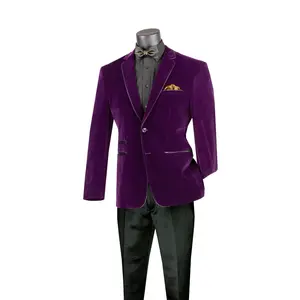 Velourfy Collection: Purple Velvet with Faux Leather Trim Single Breasted Slim Fit Blazer
