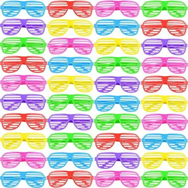 54Pcs Plastic Shutter Shades Glasses - Neon Slotted Bulk Sunglasses, 80’s Retro Style Eyewear, Hand-Held Party Prop Favors & Gift Pack Accessories for Adults (Home Improvement), Photo, Happy Birthday