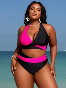 Women's Bold Pink & Black 2-Piece Color Block Tankini Swimsuit - Floral Print Triangle Tankini Top, Tummy Control Bathing Suit for Beach & Pool, Tankini Tops