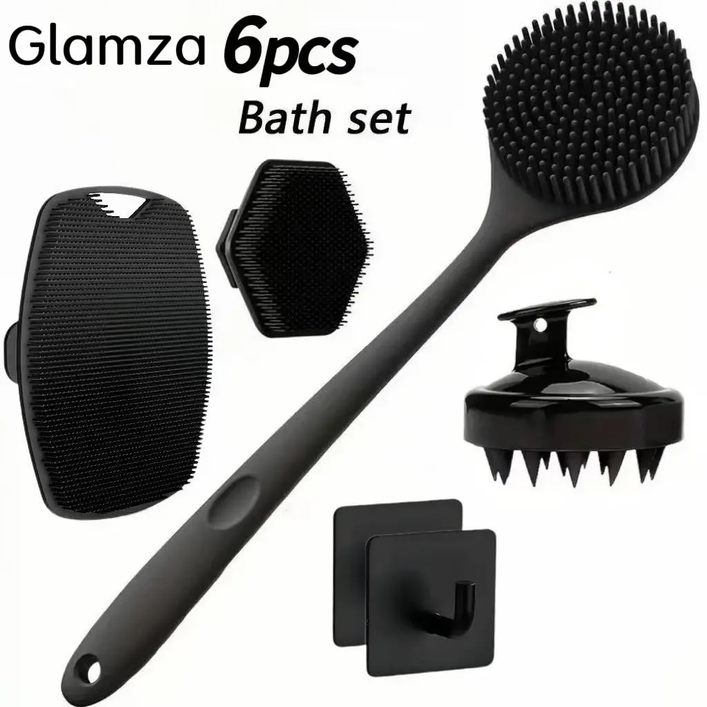 Glamza 6 Pcs Shower Brush Set, Body Care Tool, FrostedLong-Handle Body Brush with Silicone Soft Bristles,for Back, Body Massage, Non-Slip Grip ExfoliatingShower Scrubber, Silicone Bath Brush for EffectiveSkin Cleansing and Dead Skin Removal
