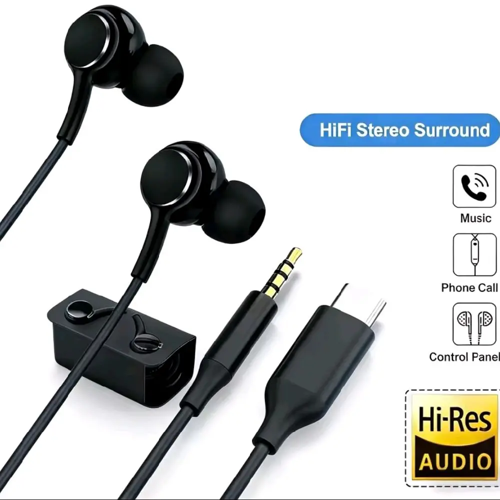 Original Earphones Type-C & 3.5mm Wired In-Ear Headphones, HiFi Stereo 9D Surround Sound Earbuds with HD Mic & Volume Control, Heavy Bass Metal Headset for Samsung Galaxy S25 S24 S23 S22 S21 S20 Note 10 Xiaomi Redmi VIVO - Black 3.5MM & Black USB Type-C
