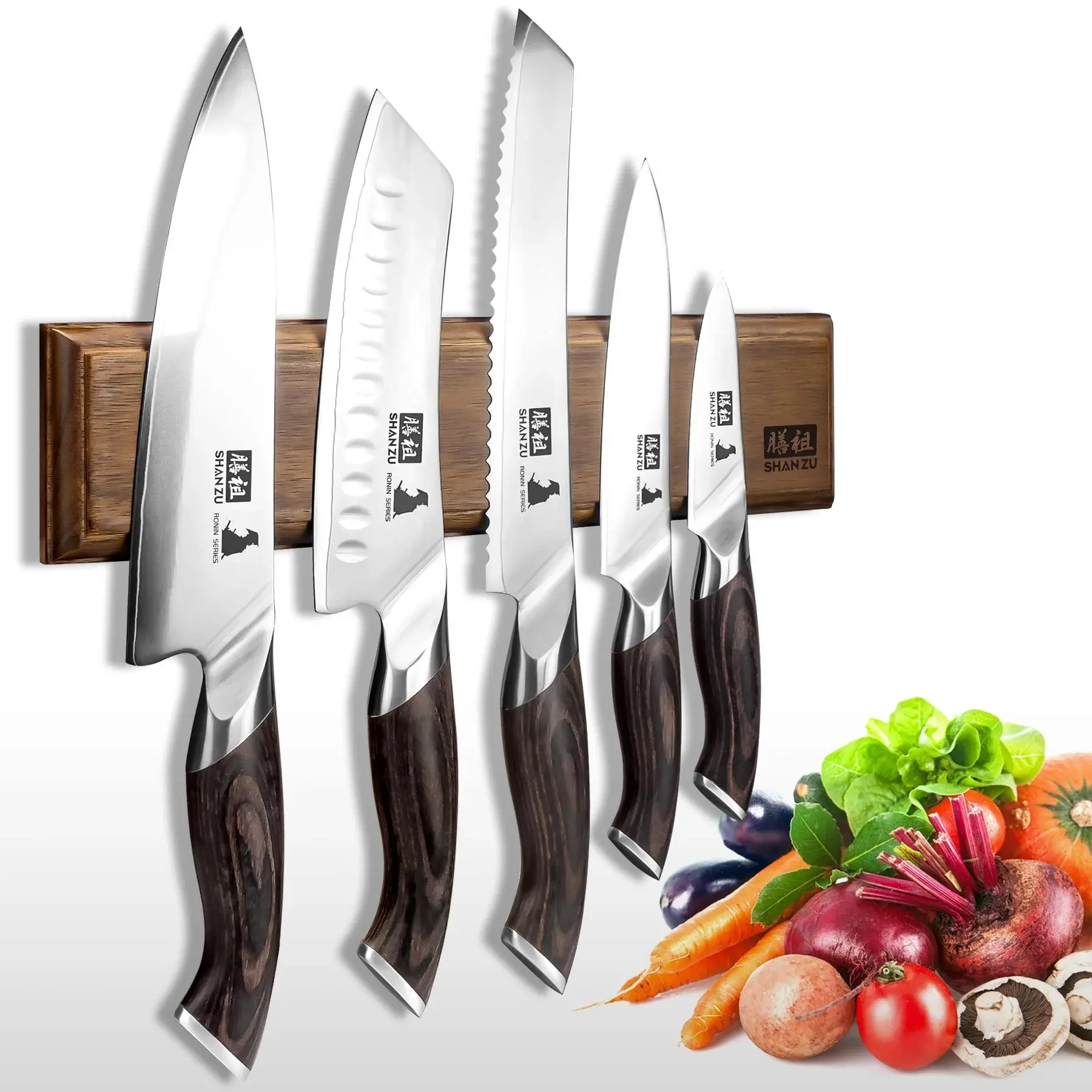 SHAN ZU 6-Piece Knife Set (5 exquisite knives + wooden magnetic knife block), Japanese high-carbon stainless steel chef's knife set, professional ultra-sharp chef's knife set with ergonomic Paka wood handles.