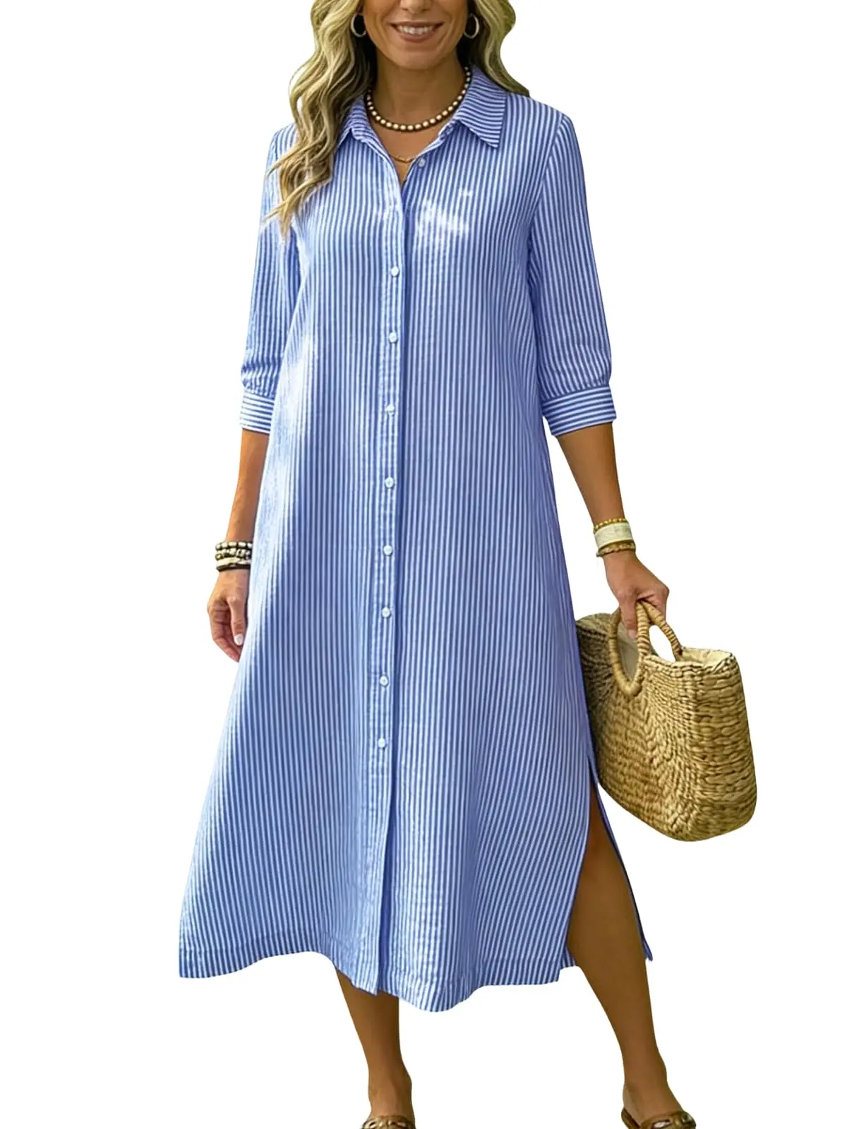 Ebossy Women's Collared Casual Loose Striped Button-Down 3/4 Sleeve Side Slit Flowy A-Line Mid-Long Boho Dress with Pockets, Fashion Apparel Clothing