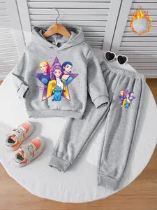 Girls' Fall Winter Fleece Sweatshirt Set, Cartoon Print Hoodie & Jogger Pants, Warm Casual Kids, Soft Skin-Friendly Design
