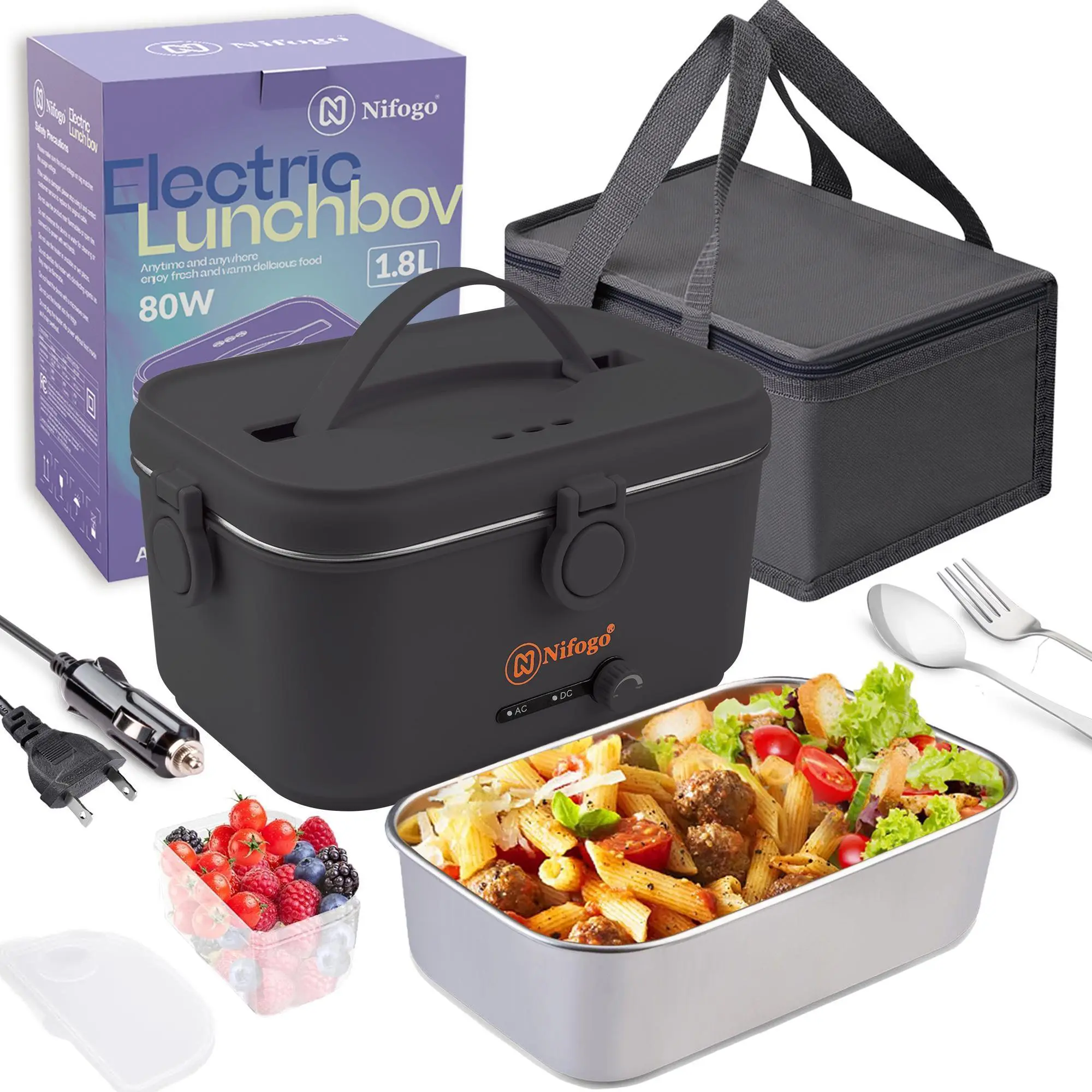 1.8L Multi Voltage Portable Electric Thermal Insulated Lunch Box - 304 Stainless Steel, Leakproof Fast Heating, 110V-12V-24V, Beach-Ready, Multi Layer Insulated Tableware Set with Fork, Spoon & Storage Bag for Adults (Car, Office Use)
