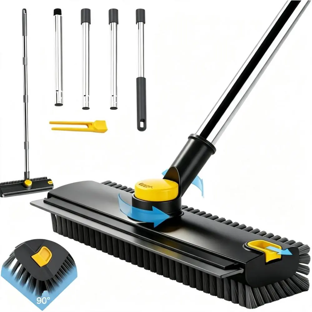 3-in-1 Floor Cleaning Scrub Brush with 360-Degree Spin Function, Adjustable Stainless Steel Pole, Pre-Installed Squeegee, Rigid Stiff Bristles, Durable Indoor-Outdoor Home Care Broom (Black&Yellow), Adjustable Pole
