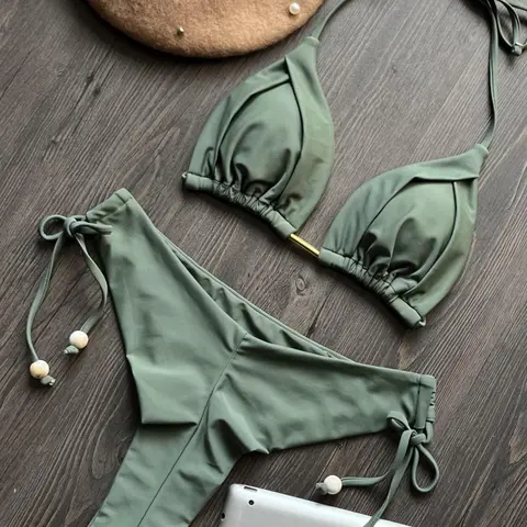 Two-piece Set Women's Solid Color Bikini Set, Bikini Beachwear, Casual Fashion Chic Swimsuit Set Bathing Suit Bikini for Beach Holiday Vacation, Ladies Swimwear for All Seasons, Swimsuit Style, Swimsuit Bikini Sets