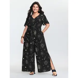 BLOOMCHIC Women's Plus Size Supersoft Celestial Print Waist-Tie Rayon Overalls - Short-Sleeve Garment, Smooth Fabric, Pockets, Flattering Fit, [M-6X] 2026  Spotlight,Summer wins,Deals for your days Womenswear