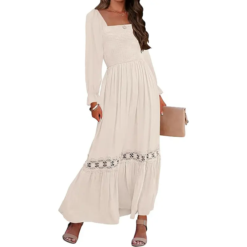 ZESICA Women's 2025 Chic Elegant Bohemian Long Sleeve Dresses - Square Neck, Puff Sleeves, Smocked High Waist, Lace Trim, Flowy A-Line Maxi Dress for Birthday, Party, Wedding
