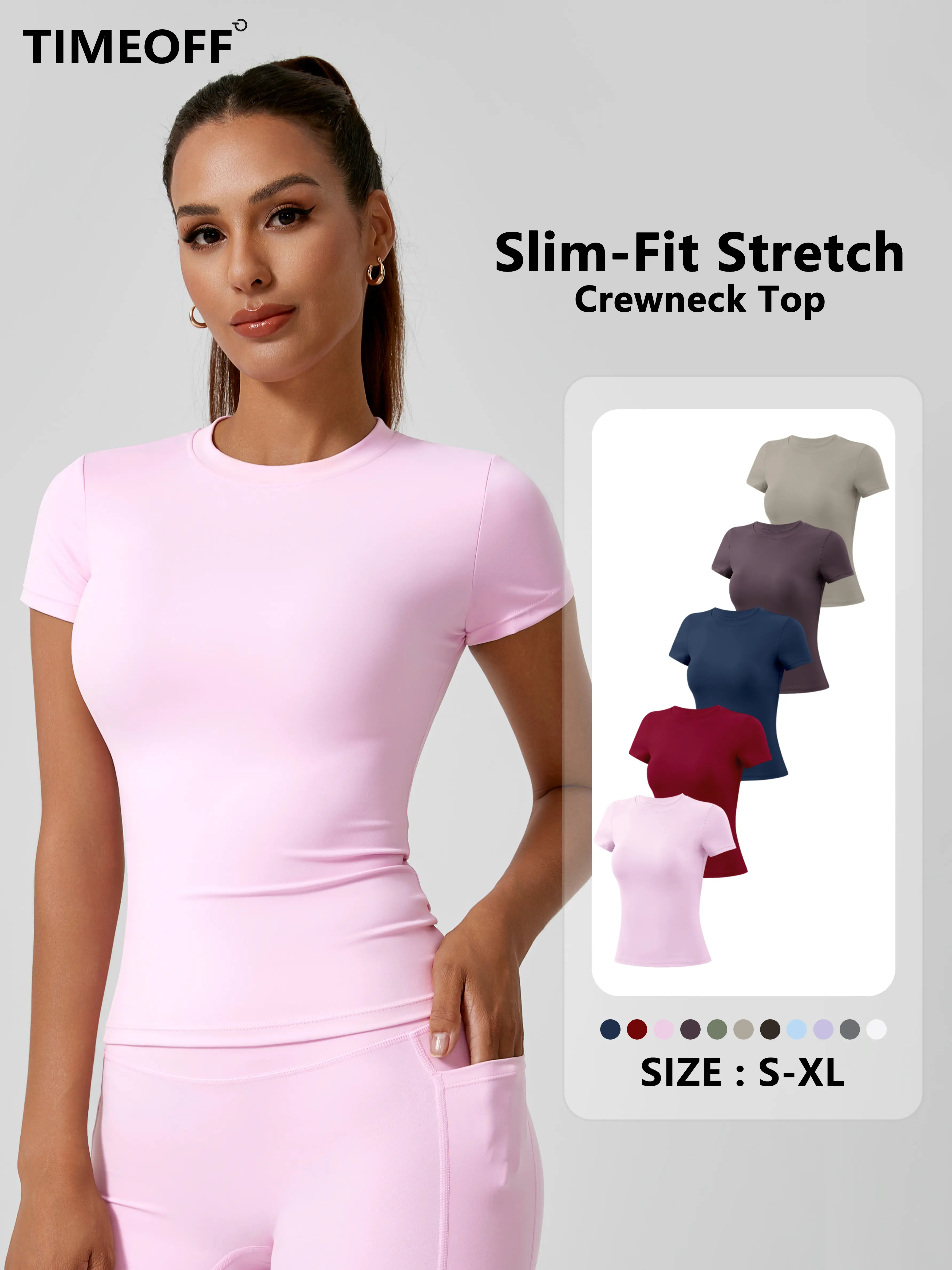[TIMEOFF] Women Crewneck Short Sleeve Workout T-Shirt, Slim Fit High Stretch Fabric, Soft Breathable, No See-Through & Anti-Wrinkle, Prevent Loose Sagging, Perfect for Yoga, Gym Training, Running and Daily Casual Active Wear, Gym Workout Women, Gym Tops