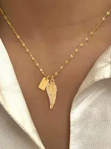 Women's Classic Stainless Steel Necklace, Rectangular Initial Angel Wing Pendant, Casual Lip Chain Design, All Seasons Wear, Initial Letter Necklace