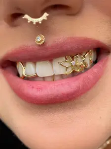 Fashionable Dental Braces, Floral Hollow Design, Everyday Simple Style, Full Rhinestones, Trendy Punk Jewelry, Plating, Tooth Gems, Teeth Cover Girls