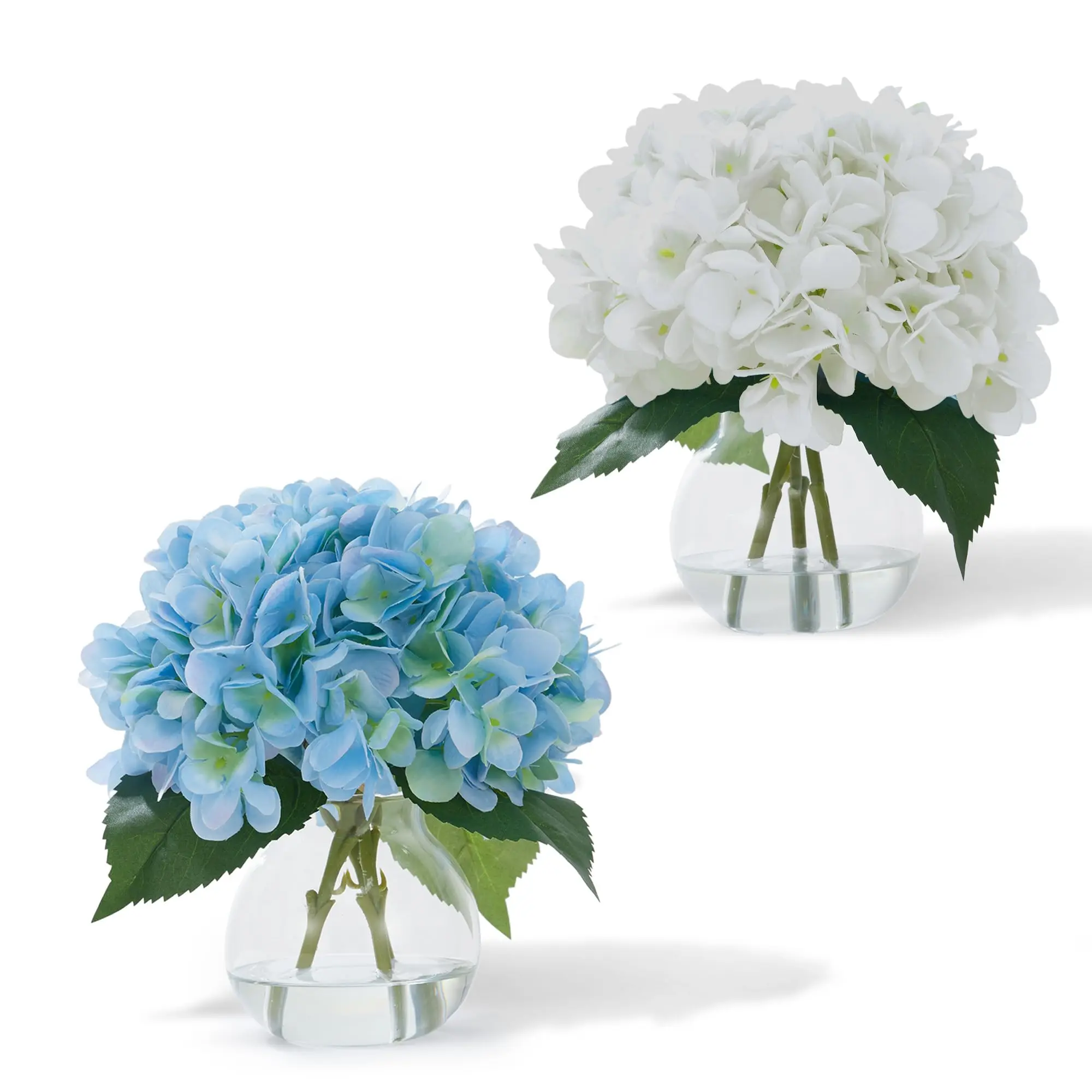 GAOMON 2-Pack Round Silk Floral Real Touch Artificial Hydrangea Bouquet Set in Glass Vase, Flower Room Ornaments for Home Table Centerpieces, Indoor Decor Gift for Anniversary, Mother's Day