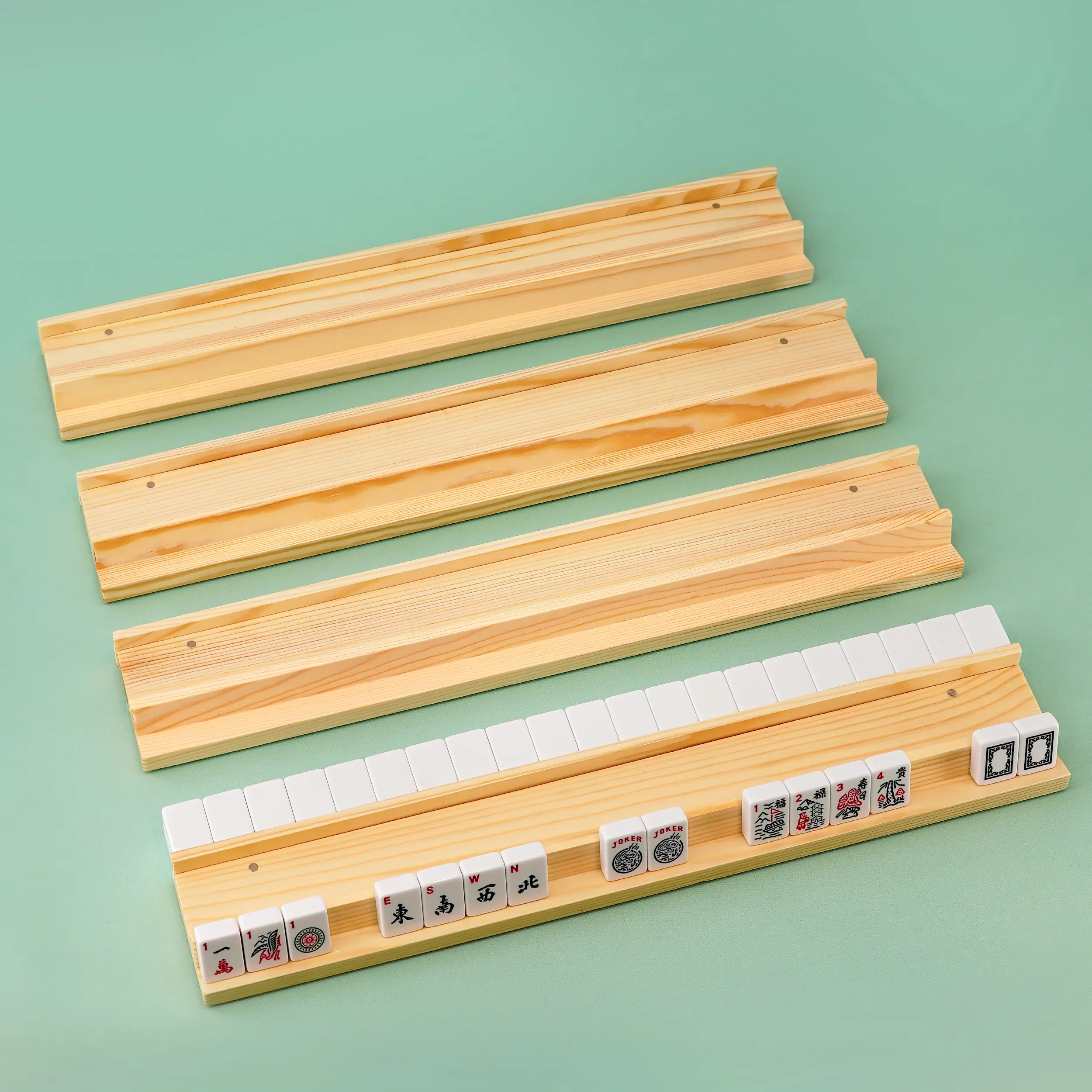 American Style 4-Piece Wooden Mahjong Racks Set - 19 in Tile Holders with Pushers, Storage Bag, Convenience for Tile Handling, Board Games, Dominos Game Accessories
