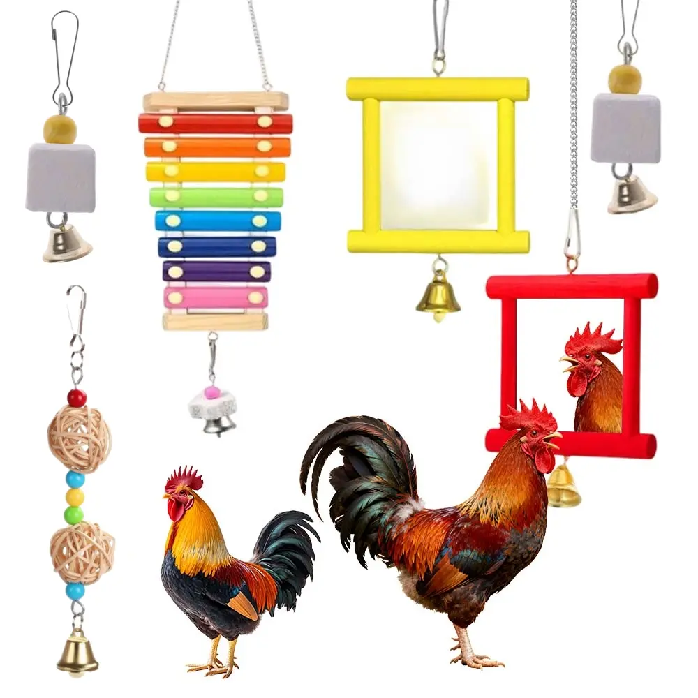 6PCS Chicken Mirror Chicken Toys for Coop with Bells, Hen Xylophone Toy with 8 Metal Keys, Parrot Grinding Stone, Sepak Takraw Toy, Dangling Bird Toy (Random Color)