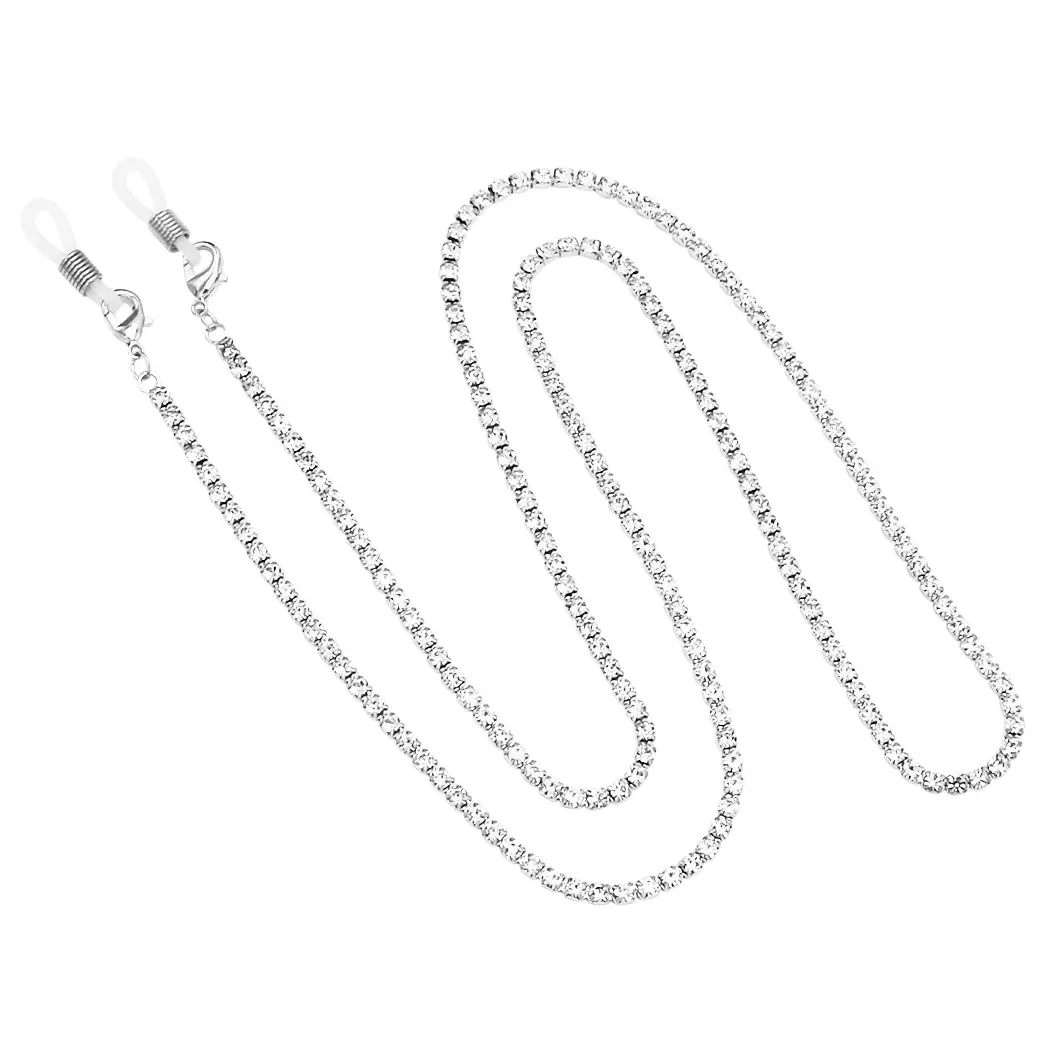 3mm Glass Crystal Rhinestone Eyeglass Chain - 28.5in Daily Fashion Hands-Free Strap Holder with Adjustable Rubber Bands, Eco-Friendly Gift Box, Lobster Claw Clasp, Single Row, Crystal Sparkle, Face Mask Holder, Everyday, Rhinestone Necklace, Necklace Hold