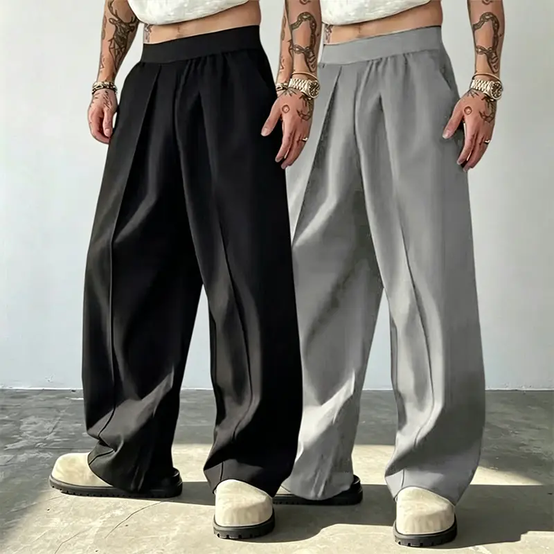 Men’s 2PCS High-Waist Pleated Wide-Leg Polyester Pants - Elastic Waist Menswear Plain Streetwear Dress Pants with Casual, Comfy, Draping, Flexible, Aesthetic Traits, Casual Men's Pants, Comfy Men's Pants