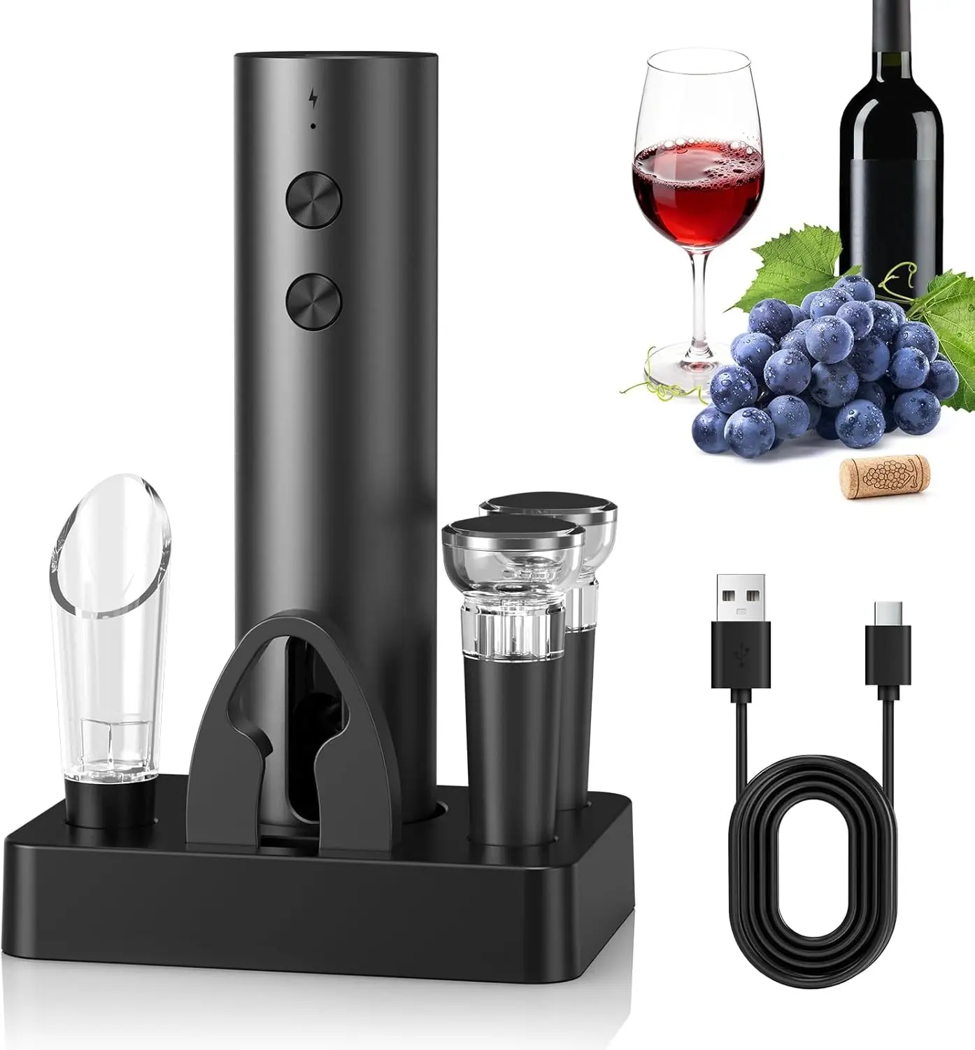 CIRCLE JOY Rechargeable Electric Wine Opener, 6-In-1 Cordless Electric Wine Bottle Opener with Pourer, Foil Cutter, 2 Vacuum Preservation Stoppers and Storage Base, Gifts for Wine Lovers Gift