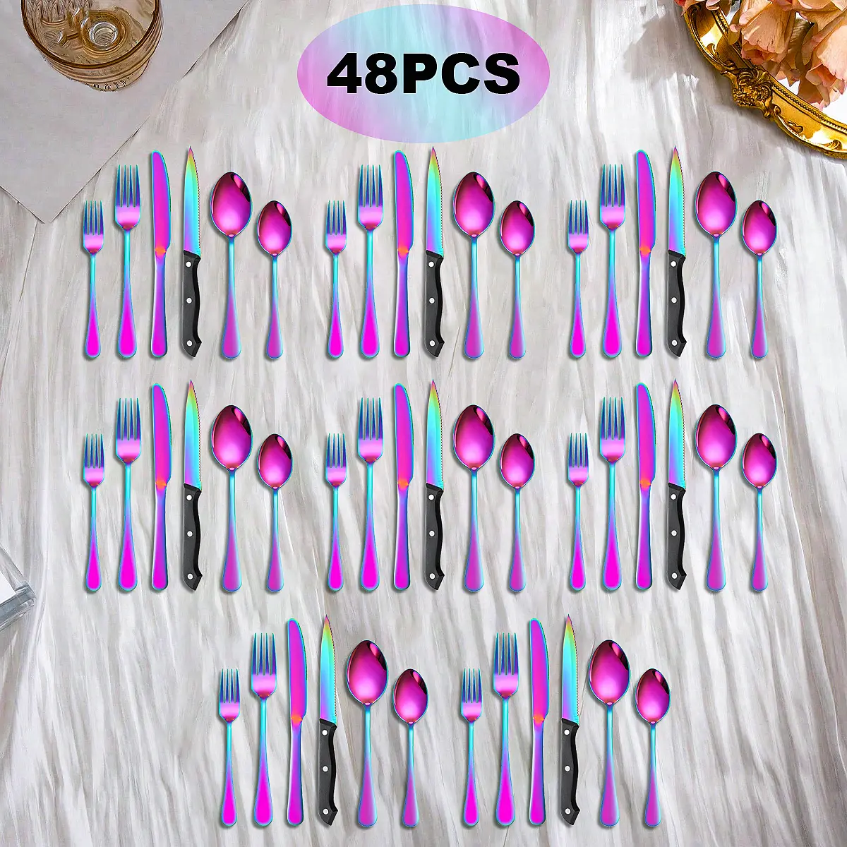 8-Person 48-Piece Cutlery & Tableware Set, Rainbow Gradient/Black/Rose Gold, Dishwasher Safe, Durable, Chip Resistant, Easy to Maintain, Stylish for Brunch & Family Banquet (Includes Dinner Forks), Cutlery Service Kits, Oval Shape