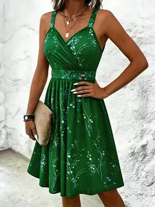 New Plus Size Women's Spring Summer Chic Print Cross Front V Neck Sleeveless Dress, Thick Straps, A-Line Skirt, Waist Tie, Perfect for Dates, Daily Wear and Casual Wear