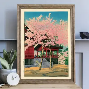 Japanese shrine poster, cherry blossom print, vintage woodblock art, Kawase Hasui illustration, Japandi ornament, wall art, home decor, bedroom Landscape Gift