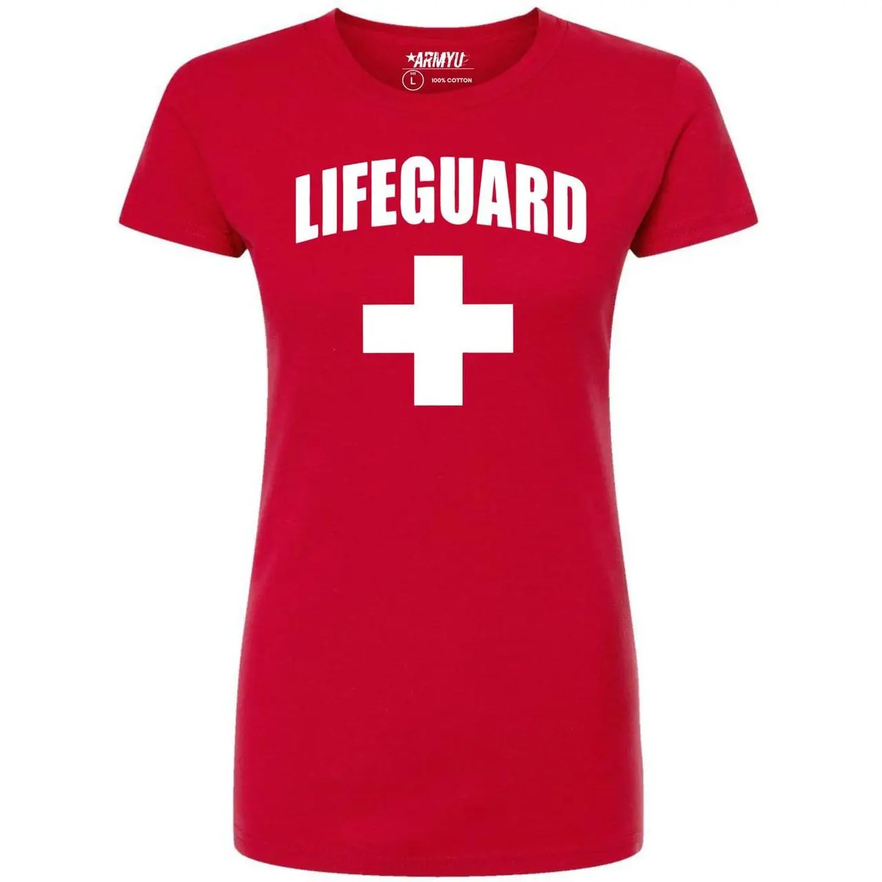 Women's 100% Cotton Slim Fit Short-Sleeve Printed Lifeguard T-Shirt - Bold White Cross Graphic Work Wear for Beach/Pool Duty, Halloween Costumes, Shortsleeve, Crew Neck