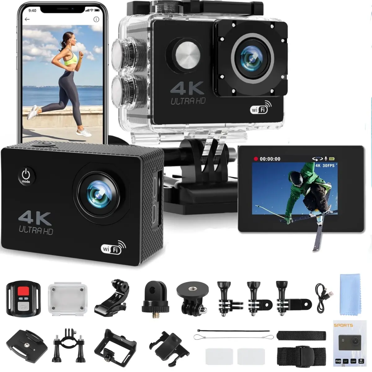 1080P WiFi Action Camera with Cable for Pools & Hot Tubs, 30m Underwater Waterproof Handycam, Bike Mount, Timer, LCD Screen, Micro SD Card, Rechargeable Battery, Remote, Charging & Multifunctional Accessories