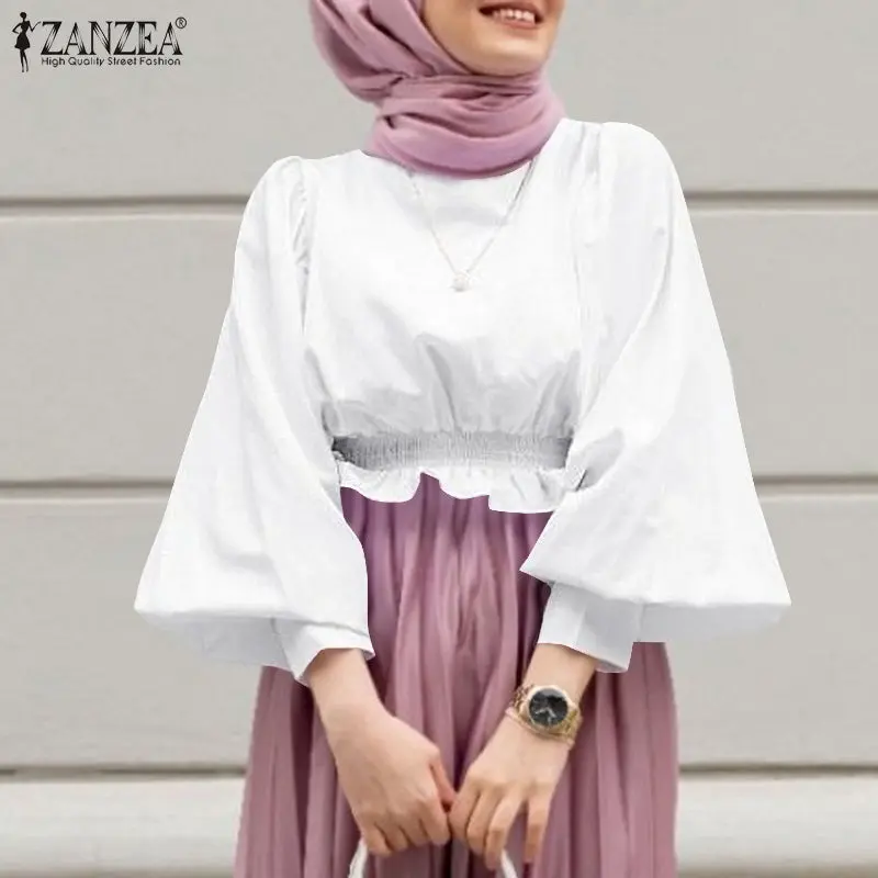 Womens Islamic Clothing Autumn Blouses ZANZEA Fashion High Waist Muslim Top Puff Sleeve Blusas Oversize Turkey Hijab Tunic