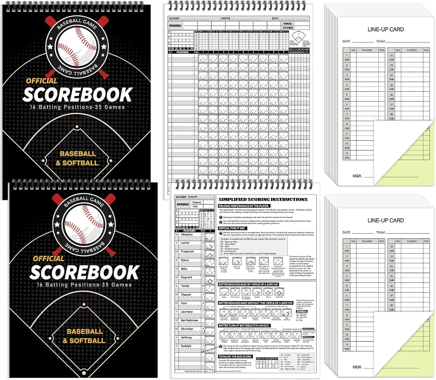 35  Baseball and Softball Scorebook Baseball Softball Lineup Cards Lineup Sheet  with Player Roster Side by Side Softball Score Book Baseball Scorebook Baseball Coaching Accessories