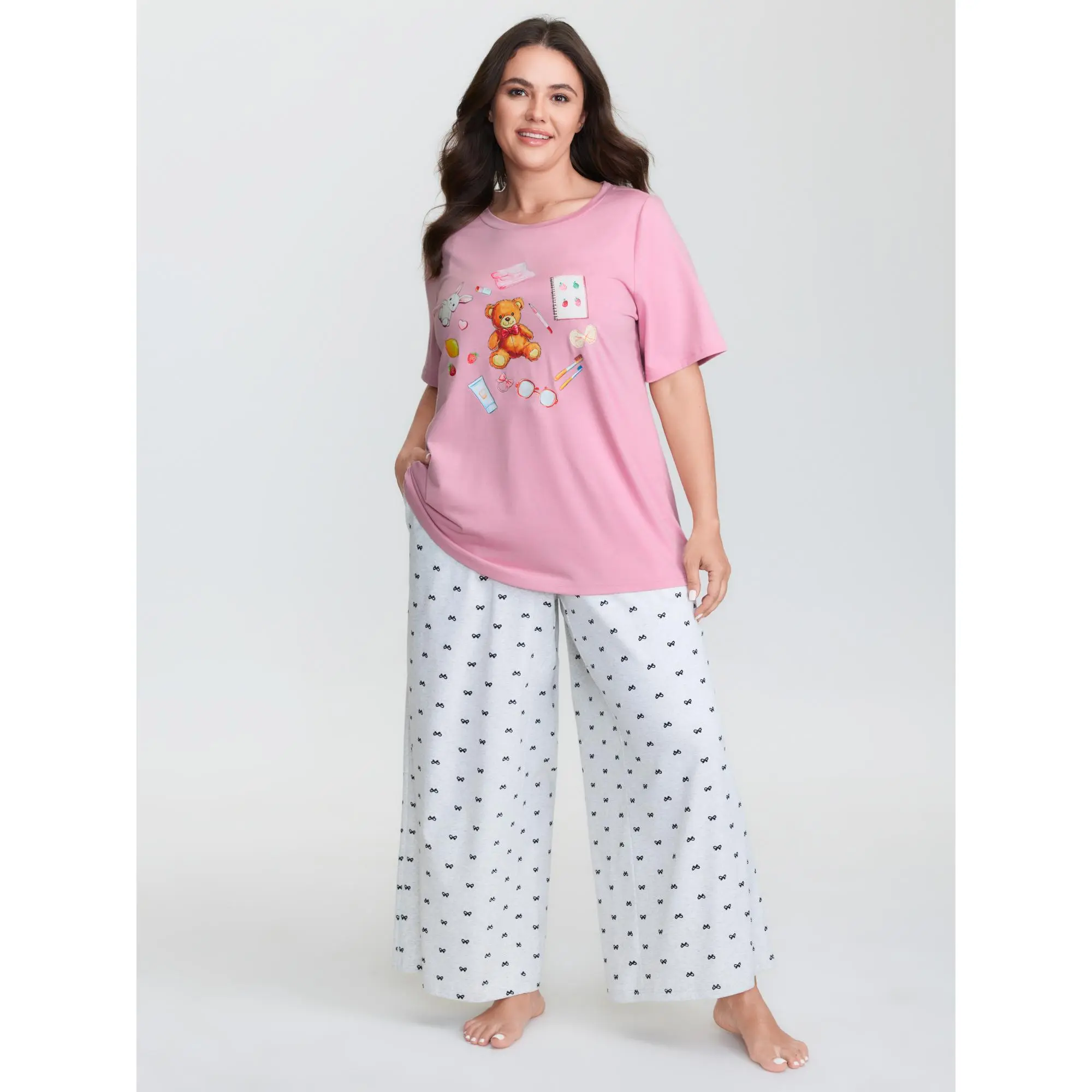 Lady's Shortsleeve Teddy Bear Graphic Spandex Fabric Lounge Top - Women's Loungewear, Pajama Garment, Nightwear, Summer Finds, Polyester, Rayon, Machine Wash, Fit, Polyester Blend, Playful Look, Regular Length, Round Neck, High Stretch