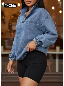 Women's Fall Winter Casual Loose-Fit Long Sleeve Denim Jacket, Stand Collar Pullover Coat, Fashionable Plain Color Outerwear for Daily Wear