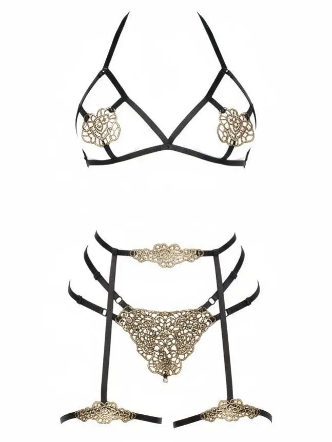 Women's Sexy DM After Dark Embroidered Applique Lingerie Set - Golden Straps, Adjustable Bra, Panty with Perfect Fit