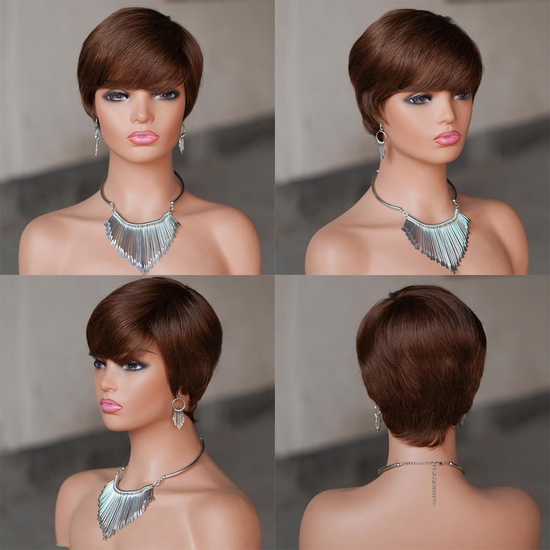 Short Pixie Cut Wig With Bangs, Glueless 180% Density Brazilian Virgin Human Hair, 6 Inch 1B Natural Black Mixed Blonde, Machine Made Wig Caps For Daily & New Year Wear