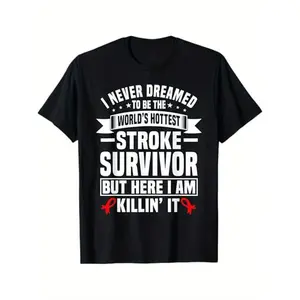 Short Sleeve Print Stroke Survivor Humor T-shirt, Cotton Blend round-Neck Shirt, Casual Style, Slight Elasticity, Printed Pattern, Red Ribbon Consciousness Design, Suitable for Adults, All-Season Top 180g