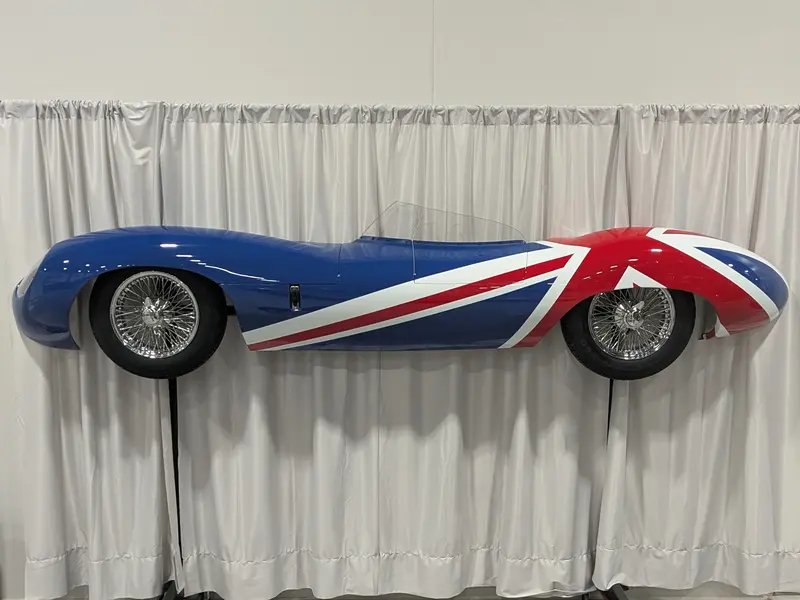 1955 Jaguar D-Type Classic Wall Art work with Union Jack Livery Dayton Wire Wheels
