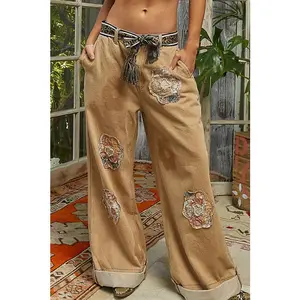 POL Floral Patchwork Pants Tan