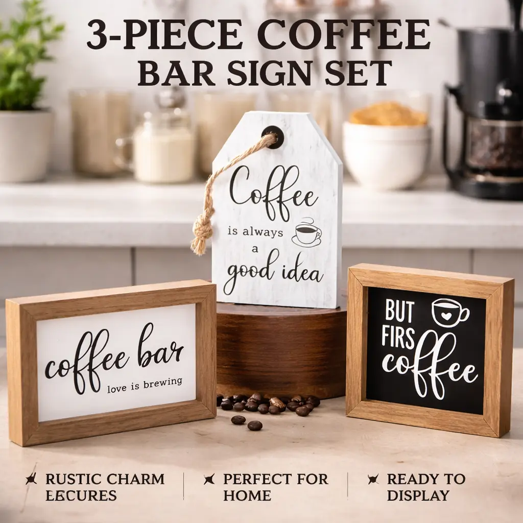 3pcs Rectangular Home Decor Mini Signs Set - "But First Coffee" Fixed Phrases Wood Plaques, Farmhouse Wall Art, Rustic Kitchen Counter Shelf Decor for Tabletop, Tier Tray, Wooden