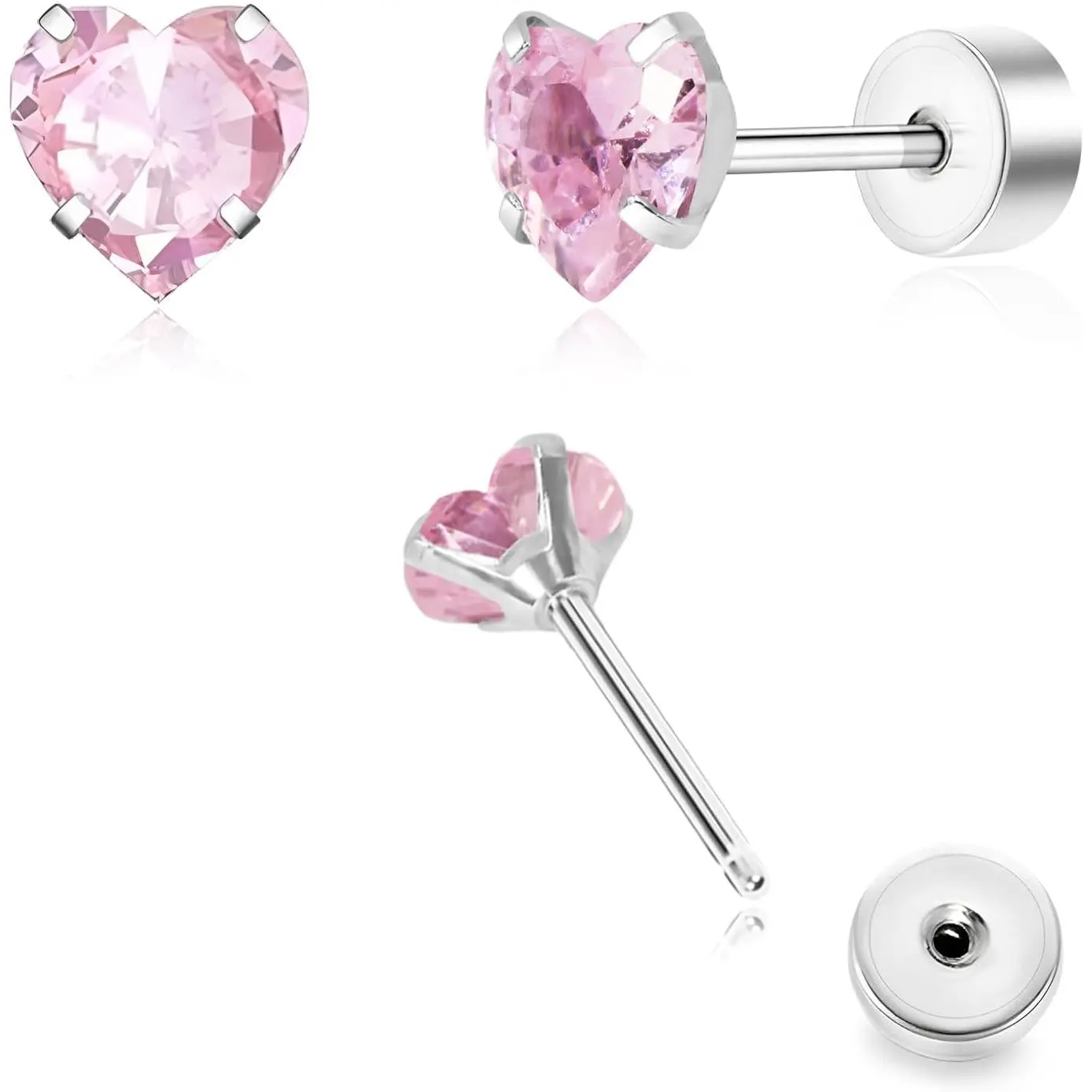 Titanium Threadless Flat Back Earrings for Women, Hypoallergenic Cartilage Earrings with Cute Small Flower Heart Cubic Zirconia Studs, Push-in Design, Hypoallergenic Earrings, High Quality Earrings