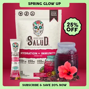 Salud 2-in-1 [Hydration & Immunity - Jamaica | Hibiscus] 400mg Electrolytes, 250mg Wellmune, 100mg Elderberry, Dairy & Soy Free, Non-GMO, Gluten Free - Healthcare, Vitamin (15 Servings), Spring Glow Up