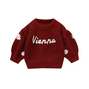 Mimixiong Customize Your name Handmade Flowers Pattern O-Neck Sweater Coat for Newborns Soft Acrylic Knitted Fabric Comfortable Fit Baby Halloween Christmas Daily Wear Sweater