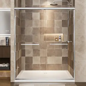 56"-60" W x 72" H Chrome Aluminum Frame Double Sliding Shower Door, Adjustable Width Bypass Shower Door with 1/4" (6mm) Nano-Coated Clear Tempered Safety Glass, Dual Stainless Steel Pull Handles, Rustproof, Smooth Sliding, Modern Bathroom Shower Enclosure