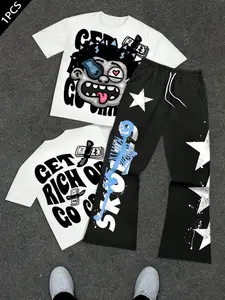 Men's 2-Piece Set, Fun Portrait & Letter Print, Casual Street Style, Round Neck Short Sleeve T-Shirt & Sports Pants, Fitted, All over Print, Graphic