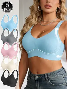 5 Piece Set Anti-Sagging Underwire Bra, Seamless Wireless Minimalist Bras for Daily Casual Wear, Comfortable Supportive Lingerie for Women, Everyday Bras