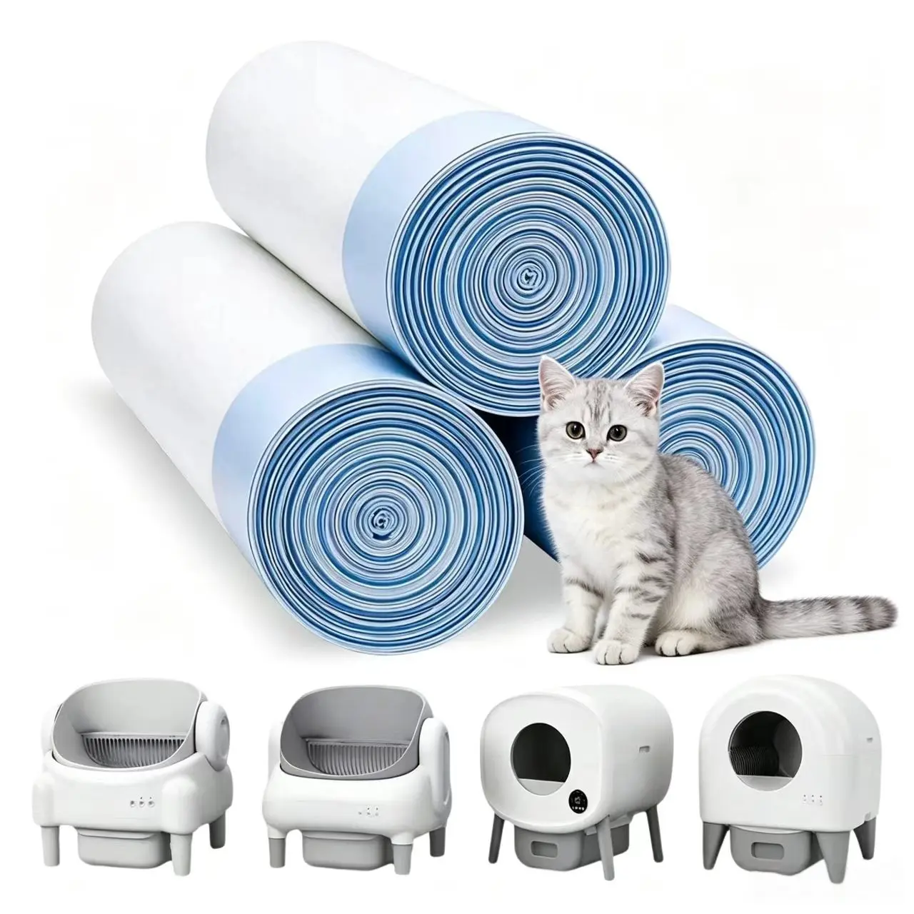 Self Cleaning Cat Litter Box Waste Drawer Bags - Heavy-Duty Drawstring Replacement Liners, Thick Leak-Resistant Automatic Scooping Waste Receptacle Refills, 60-Count Pack, Automatic Box Litter Waste Receptacle Refills, Pack Litter Waste Receptacle Refills