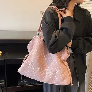 Y2K Cute Polka Dot Faux Suede Hobo Bag with Drawstring Detail, Large Capacity Slouchy Shoulder Bag with Vegan Leather Trim for Everyday Use