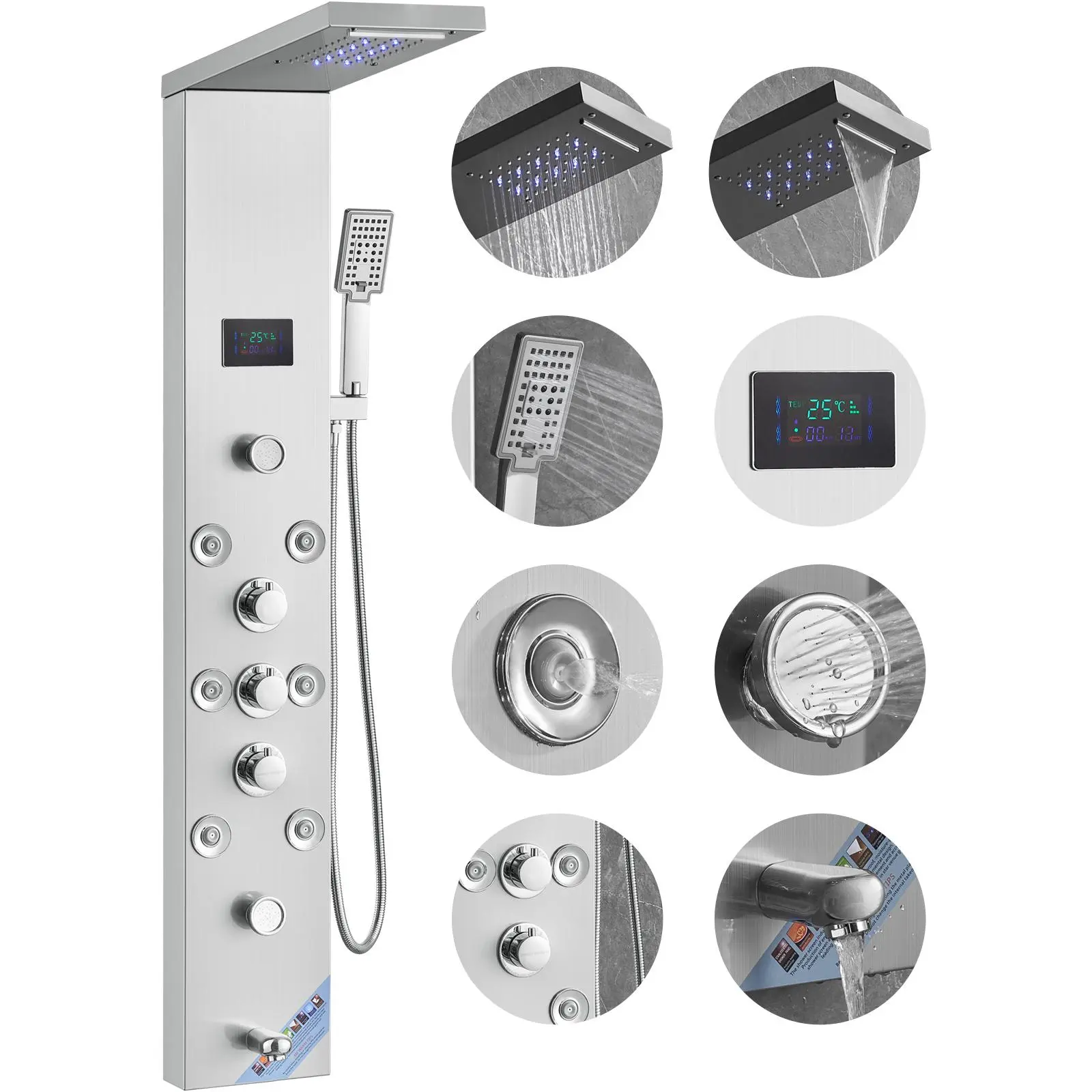 【Summerfinds】VEVOR Shower Panel System, 6 Shower Modes, LED & Screen Hydroelectricity Shower Panel Tower, Rainfall, Waterfall, 8 Massage Jets, Tub Spout, Handheld Shower, Stainless Steel Wall-Mounted Shower Set