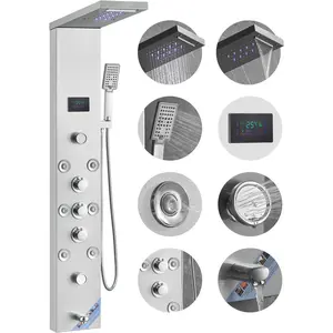 VEVOR Shower Panel System, 6 Shower Modes, LED & Screen Hydroelectricity Shower Panel Tower, Rainfall, Waterfall, 8 Massage Jets, Tub Spout, Handheld Shower, Stainless Steel Wall-Mounted Shower Set